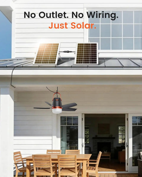 20 Inch Portable Ceiling Fan With Solar Charging And 20000 Mah Battery Includes Wireless Remote mounted above outdoor dining area with solar panels.