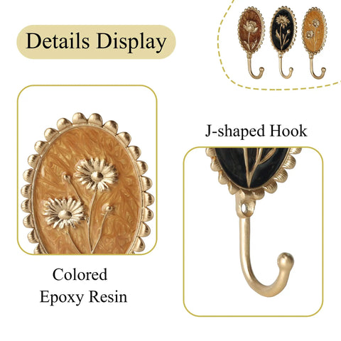 Super Clean Set Of Three Straight Up Vintage Wall Hooks With French Garden Floral Details And Classic Scalloped Metallic Hardware For Entryway Organizing And Cozy Bedroom Vibes with colored epoxy resin and J-shaped hook.