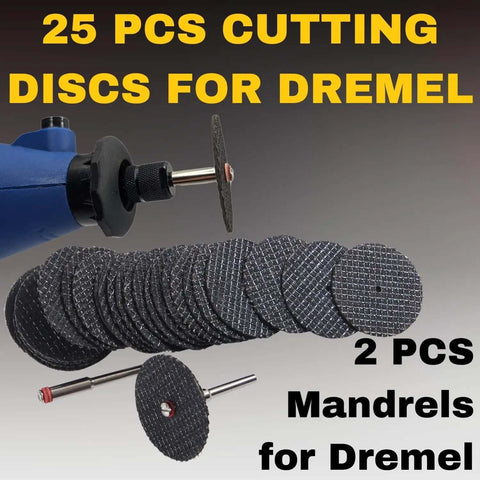 Metal Cutting Discs For Rotary Tools 25 Piece Cut Off Wheel Set with Double Reinforced Fiberglass, displayed with mandrels and tool.