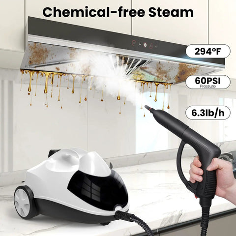 Heavy Duty Steam Cleaner Fast Heat Up One Point Five Liter Tank Multi Surface Tool Kit cleaning greasy kitchen hood.