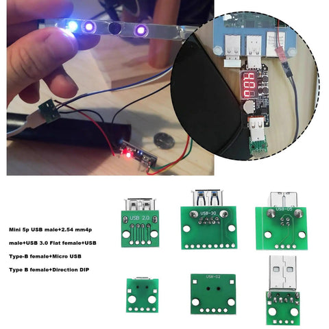 DIY Friendly USB To DIP Breakout Adapter Kit 18 Pcs with various connectors for prototyping shown in operation and layout display.