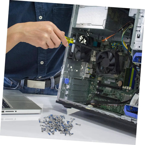 Person using 100Pcs Eyeglass Repair Screws Kit For Quick Eyewear Fixes near open computer case and scattered screws.