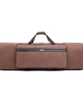 Front view of Built To Rock 48 Inch Drum Hardware Battle Bag Vintage Water Resistant Duffle for Musicians, dark brown canvas.