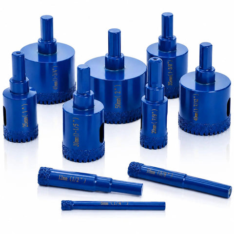 Top Rated 10 Pc Diamond Hole Saw Kit With Serrated Brazed Cutting Bits, Triangle Shank Guide Jig And Bag For Drilling Ceramic Tile Glass Granite Porcelain Smoothly Dry Or Wet Installation Projects, blue diamond hole saws