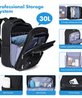 Rolling Laptop Backpack With Wheels For Travel, 17.7 Inch Carry On, showing organization pockets and compartments, 30L capacity.