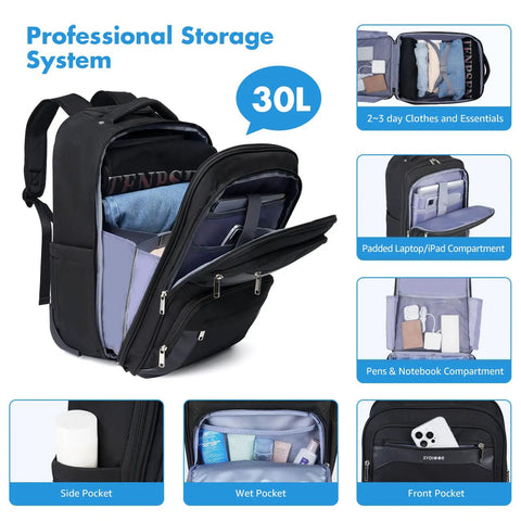 Rolling Laptop Backpack With Wheels For Travel, 17.7 Inch Carry On, showing organization pockets and compartments, 30L capacity.