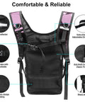 Transparent Purple 20L Hydration Backpack With 2L BPA Free Bladder, padded straps, zipper pockets, chest strap, festival use.