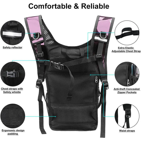 Transparent Purple 20L Hydration Backpack With 2L BPA Free Bladder, padded straps, zipper pockets, chest strap, festival use.