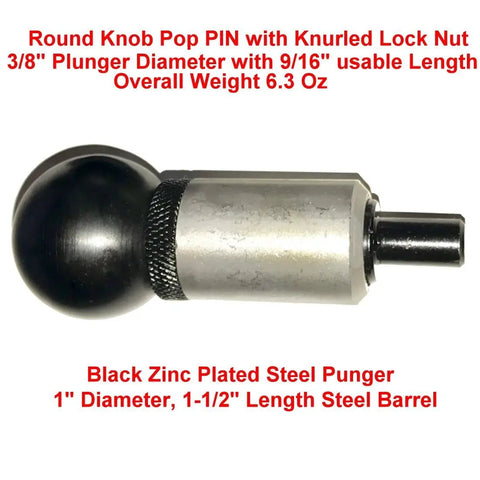Badass Spring Loaded Pop Pull Pin With Smooth Brushed Steel Body And Zinc Black Knurled Grip Three Eighth Inch Diameter Plunger Measuring One And A Half Inches Long For Rock Solid Shop Use, 3/8 inch plunger, black zinc plated.