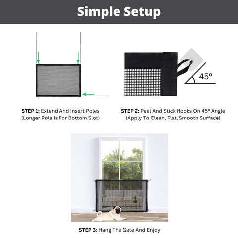 Simple setup guide for Retractable Mesh Dog Gate For The House No Drilling Portable Folding Baby Gate Install Anywhere With 3 Poles And 8 Hooks