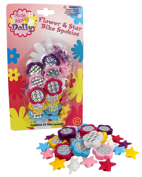 Packaging of Flower And Star Bike Spoke Decorations Kit with 24 colorful snap-on stars and flowers for wheels, reflective kid-friendly.