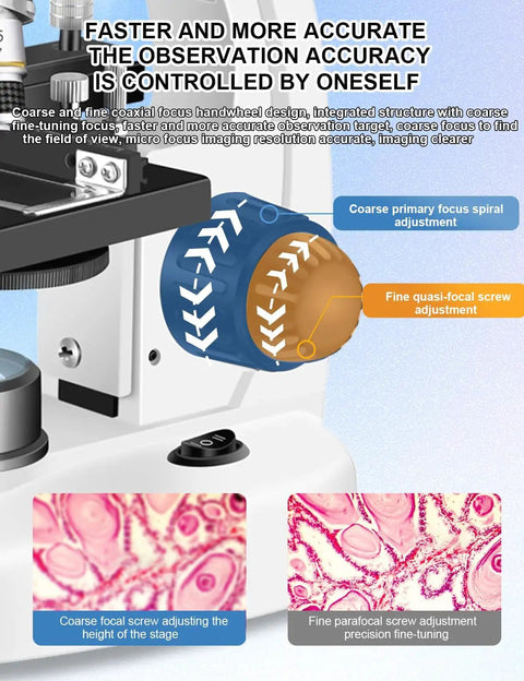 Pro Grade Family Lab Microscope For Adults With USB Camera 40X To 2000X Magnification WF10x And WF25x Eyepieces Ideal For School Home Science Projects And Lab Work focus knob close-up