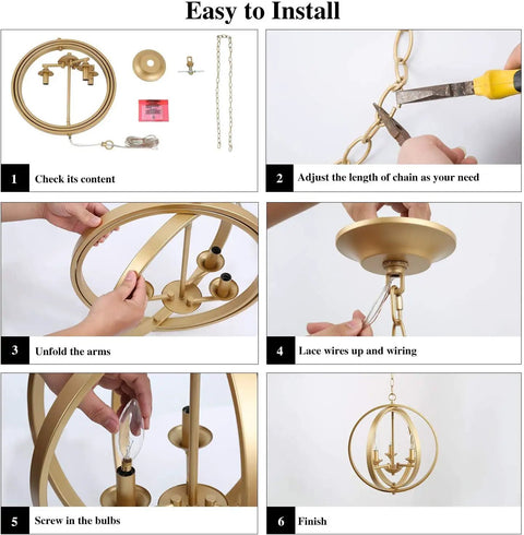 Gold Orb Chandelier With Openwork Globe Spheres Modern 3 Light Fixture installation steps with adjustable chain and wiring.