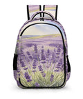 Purple Flower Valley Printed Unisex Backpack With Large Capacity Durable Polyester Daypack front view with floral design