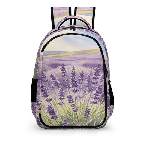 Purple Flower Valley Printed Unisex Backpack With Large Capacity Durable Polyester Daypack front view with floral design