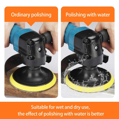 A random orbital sander with a 100 Piece 5 Inch Sanding Discs Set with 8 Hole Hook and Loop, showing ordinary and water polishing methods.