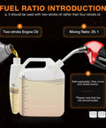 Fuel ratio guide for Gas Powered Earth Auger With 52cc Two Stroke Engine, showing oil pouring into container and mixing instructions.