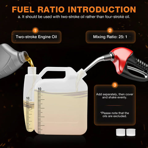 Fuel ratio introduction for Gas Powered Earth Auger With 52cc Engine Post Hole Digger Kit showing oil mixing process.