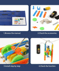 Five Robot STEM Kit For Kids Ages Seven and Up manuals and components with rope climber and remote control.