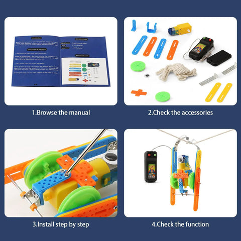 Five Robot STEM Kit For Kids Ages Seven and Up manuals and components with rope climber and remote control.