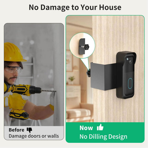 Anti Theft Video Doorbell Mount For Inward Swing Doors Weatherproof No Drill Kit For Renters Uber Easy Install And Theft Proof Keeps Doorbell Safe Without Blocking Sensor Fits Zero Point Eight Two To Two Inch Thick Black displayed uninstalled and installed