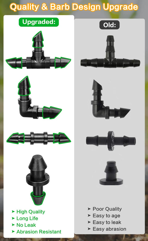Comparison of All In One 1/4 Inch Drip Irrigation Fittings Kit With 130 Pieces showing upgraded barbed elbows and couplings.