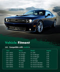 Blue sports car with vehicle fitment info for Chrysler, Challenger, Charger, Durango, Grand Cherokee, Ram 2011-2023