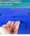 Rock Solid Heavy Duty 18 Gallon Plastic Tote With Handy Hinged Flip Lids Stackable Warehouse Storage Bins Pack Of Three showing contoured handles for easy grip.
