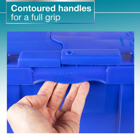 Rock Solid Heavy Duty 18 Gallon Plastic Tote With Handy Hinged Flip Lids Stackable Warehouse Storage Bins Pack Of Three showing contoured handles for easy grip.