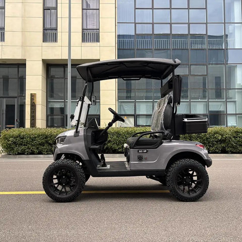 Dual Lithium Golf Carts With Built In Cup Holders Keeping Drinks Chilled Featuring Lightweight Electric Setup side view of gray cart