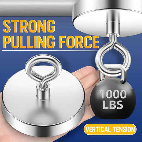 Massive 1000 Lb Pull Fishing Magnet for Retrieval and Treasure Finding in use with focus on strong pulling force and vertical tension.
