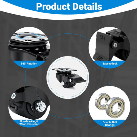 Heavy Duty Low Profile Caster Wheels Set Of Four With Brakes features 360° rotation, easy lock, non-marking, double ball bearings.