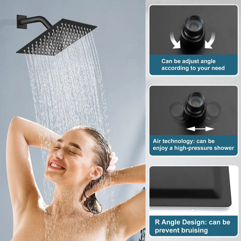 Matte Black Rain Shower System With Wall Mount, 8 Inch Square High Pressure Rain Shower Head showing adjustable angle and water flow