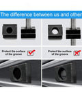 Pro Grade T Slot Nuts With Classic Black Oxide Finish Half Inch Thirteen Thread Fits Five Eighths Inch Table Slots side-by-side comparison of groove protection