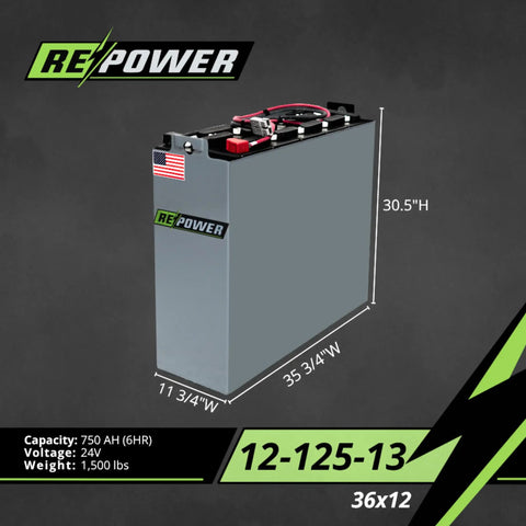 24V Forklift Battery Reconditioned Lead Acid For Electric Forklifts And Industrial Equipment Beefed-Up Heavy Duty Power 12-125-13 Series 36x12 Warehouse Equipment Compatible With Systems New Cables And Connectors For Reliable Performance., gray 36x12 battery with 30.5H dimensions shown