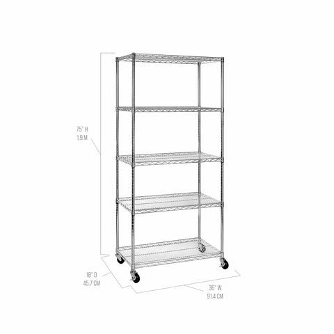 Beefy Heavy Duty NSF Solid Steel Wire Rack With 5 Adjustable Shelves 36 By 18 Inches, 75 Inch Tall Storage Unit on wheels