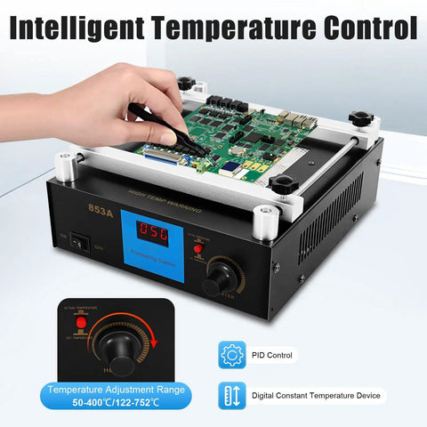 High Efficiency Preheating Rework Station 450W SMD BGA Hot Plate With Infrared Ceramic Heating in use with PCB board.