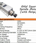 220V 6KW CNC Spindle Motor 18000RPM Square Body With ER32 Flange And Nut For Furniture Cutting Machine