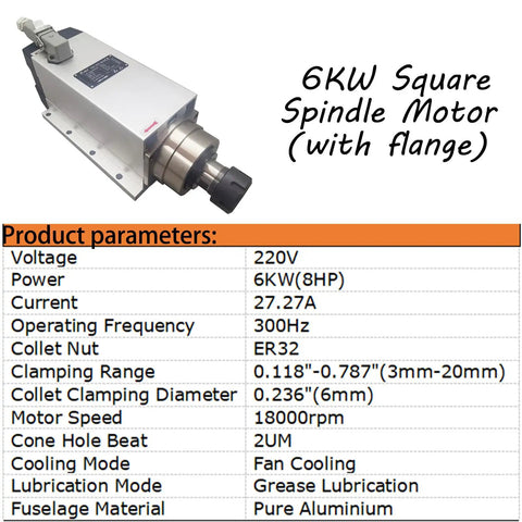 220V 6KW CNC Spindle Motor 18000RPM Square Body With ER32 Flange And Nut For Furniture Cutting Machine