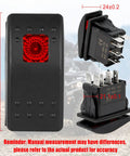 Front and side view of 5 Pin On Off On Remote Start Rocker Switch for Onan Cummins Generator with lighted indicator, dimensions shown
