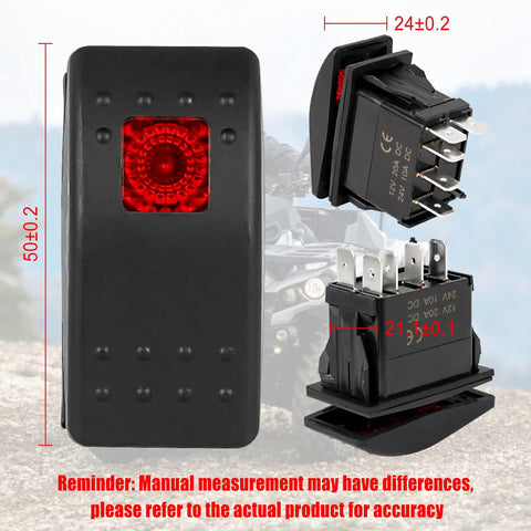 Front and side view of 5 Pin On Off On Remote Start Rocker Switch for Onan Cummins Generator with lighted indicator, dimensions shown