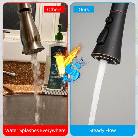 Comparison of water flow from standard faucet versus Universal Three Mode Pull Down Kitchen Faucet Spray Head Replacement With Fifteen Adapters Fits Moen Delta Kohler Aquasource Hansgrohe Grohe And More Oil Rubbed Bronze Finish No Fuss Install.