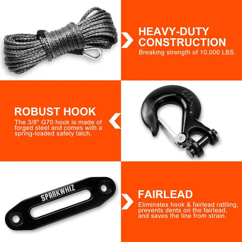 Synthetic Winch Rope Kit 1/4 Inch By 50 Feet 10000LBS With Protective Sleeve, Heavy Duty Hook, Fairlead, Stopper, and Hardware