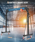 Portable 2 Ton Gantry Crane With Manual Trolley, 8-12 Ft Adjustable Height, in warehouse setting showing dimensions.