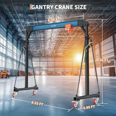 Portable 2 Ton Gantry Crane With Manual Trolley, 8-12 Ft Adjustable Height, in warehouse setting showing dimensions.