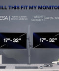 Extra Tall Dual Monitor Stand Swivels Smoothly For Screens Up To 32 Inches, showing VESA mounts and weight capacity details.