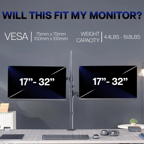 Extra Tall Dual Monitor Stand Swivels Smoothly For Screens Up To 32 Inches, showing VESA mounts and weight capacity details.