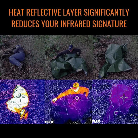 Rock Solid Insulated Tarp And Thermal Survival Blanket in use, showing heat reflective layer reducing infrared signature.