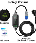Type 2 Ev Charging Cable With Adjustable Amperage 6 To 32 Amps for 7.2kW home wallboxes with storage bag and user manual.