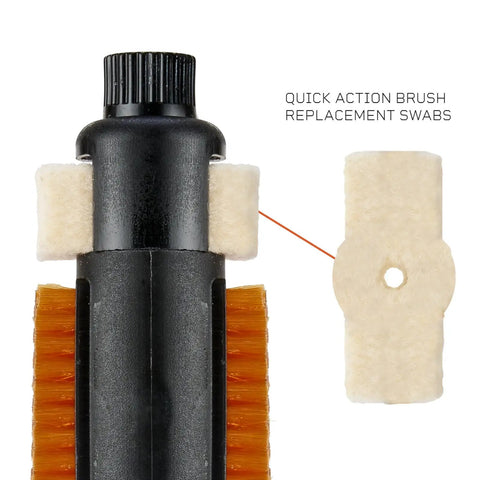Top Shelf Five Pack Rifle Cleaning Replacement Swabs on a quick action brush for efficient rifle maintenance.